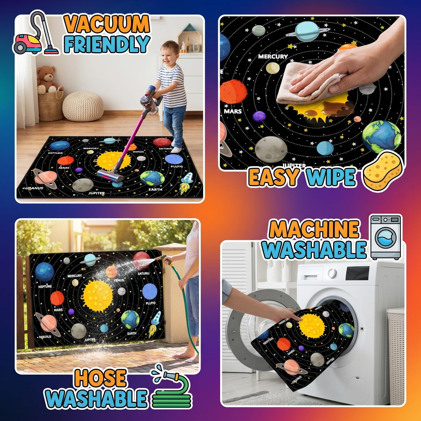 Planet Rug Space Adventure Theme Boys Bedroom Carpet Galaxy Floor Mat with Solar System Planets Galaxy Decor Kids Playroom Educational Rug, 3'×5'