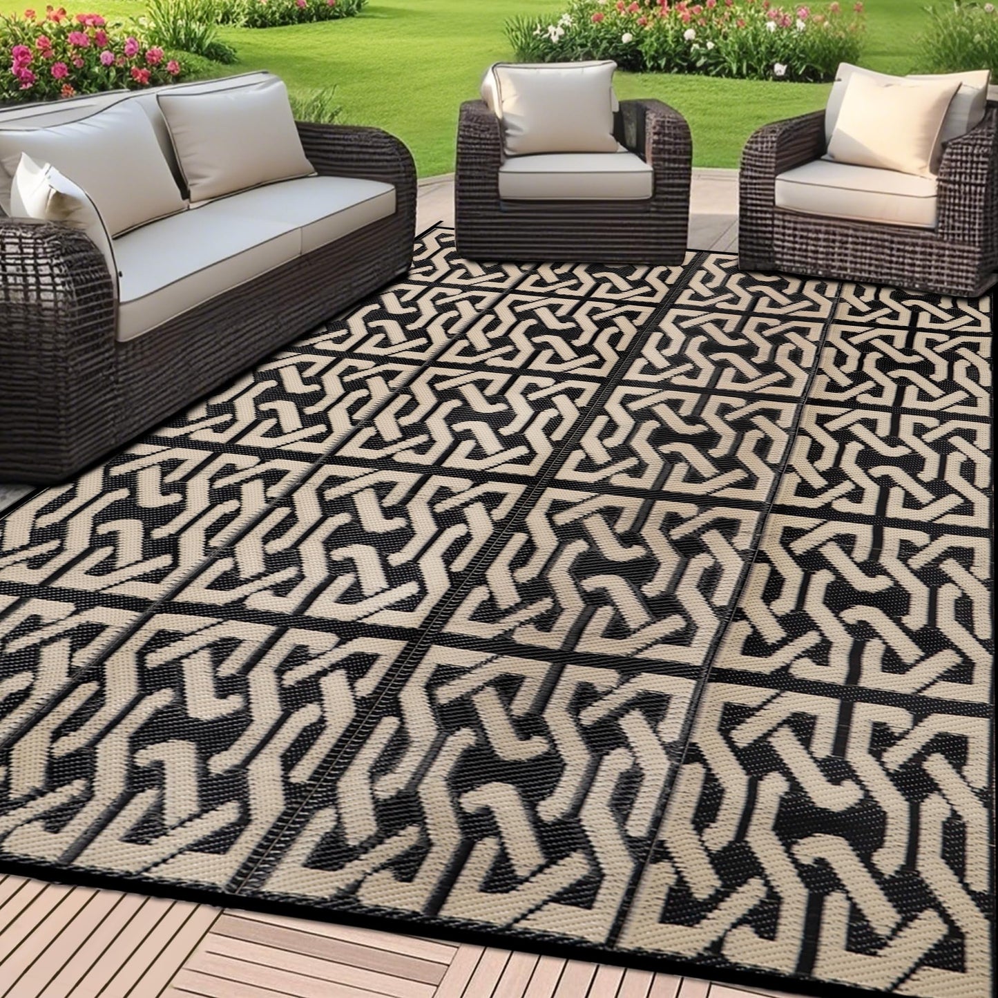 SAND MINE Reversible Mats, Plastic Straw Rug, Modern Area Rug, Large Floor Mat and Rug for Outdoors, RV, Patio, Backyard, Deck, Picnic, Beach, Camping, Trailer, Black & Beige, 9' x 12'