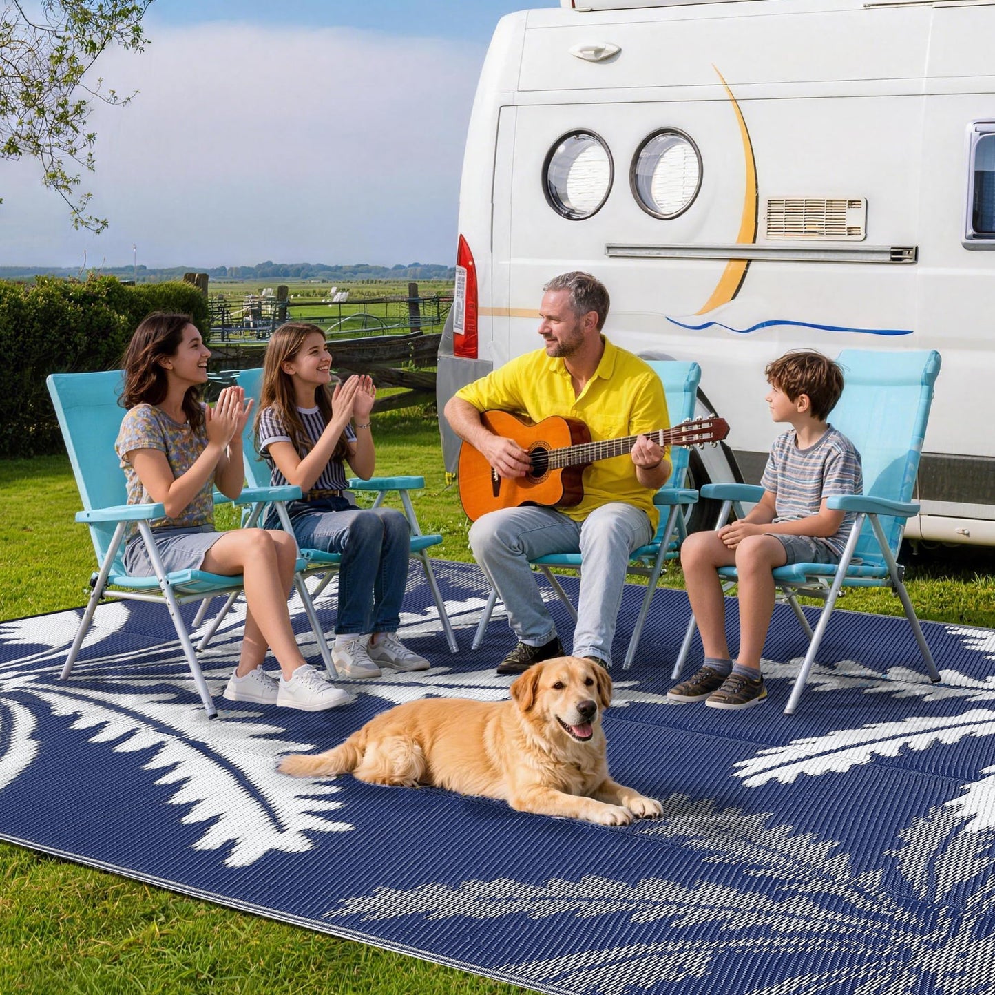 IDEALHOUSE Waterproof Outdoor Rug 8x10 for Patio, Reversible Modern Area Rug, Large Plastic Straw Mat for Camping, RV, Porch, Backyard, Deck, Picnic, Beach, Blue & White
