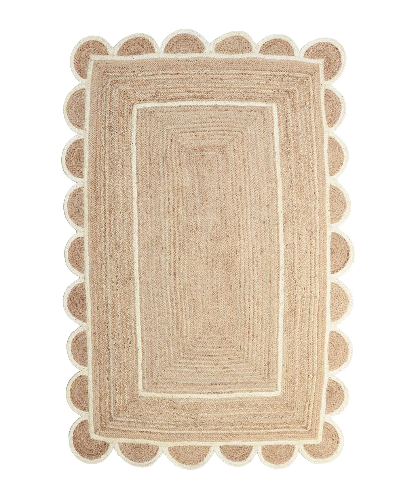 Weaving Village Scalloped Natural Jute Area Rug, Natural Base Off White Trim, 4x6