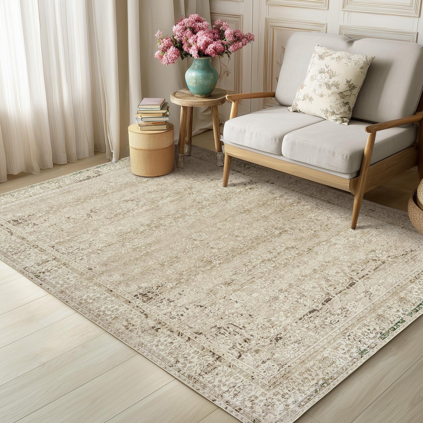 BILEEHOME Modern Farmhouse Area Rug 5 x7 Washable Floral Earth Tone Neutral Boho Nursery Rug 5x7 for Baby Boy Bedroom,Tan Brown and Cream Beige