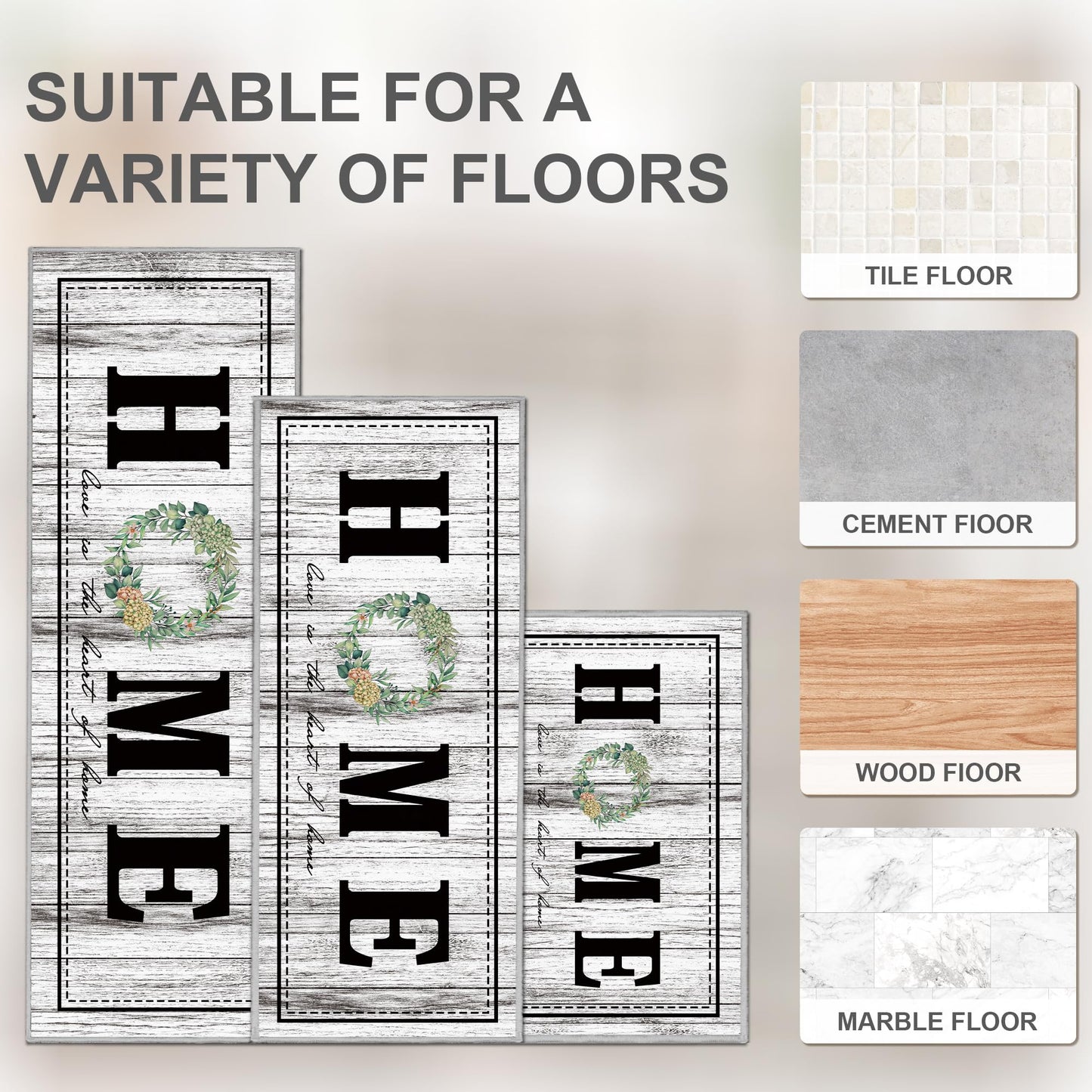 Tritard 100% Non Slip Kitchen Rugs Sets of 3 Farmhouse Washable Kitchen Mats for Floor Non-Skid Kitchen Runner Rug Soft Rustic Kitchen Floor Carpet for Hallway, Laundry, Sink, Office, Grey