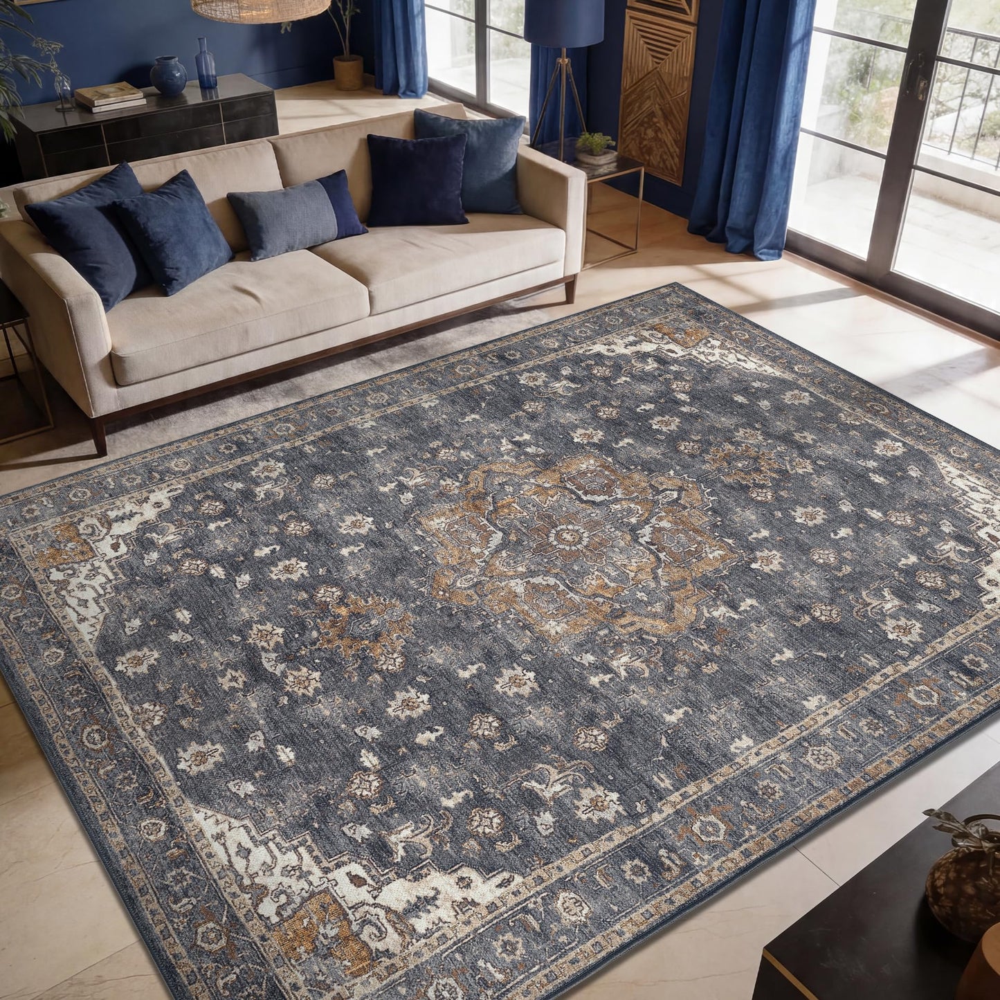 Keen Home Design 6x9 Rug - Machine Washable Area Rug with Non-Slip Backing, Ideal for Living Room, Dining Room, Bedroom - Vintage, Easy Clean, Durable, Low Pile Rug - (6' x 9')