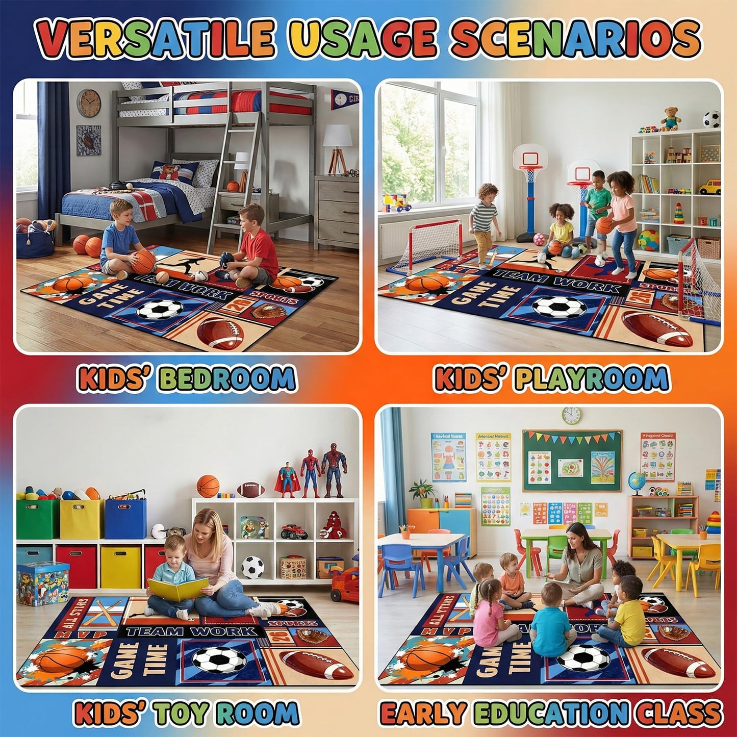 BATATADOCE Sports Rug - 2.5x4 Feet Small Area Rug Basketball Football Soccer Baseball Kids Play Carpet for Boys Bedroom Game Room Living Playroom Decor