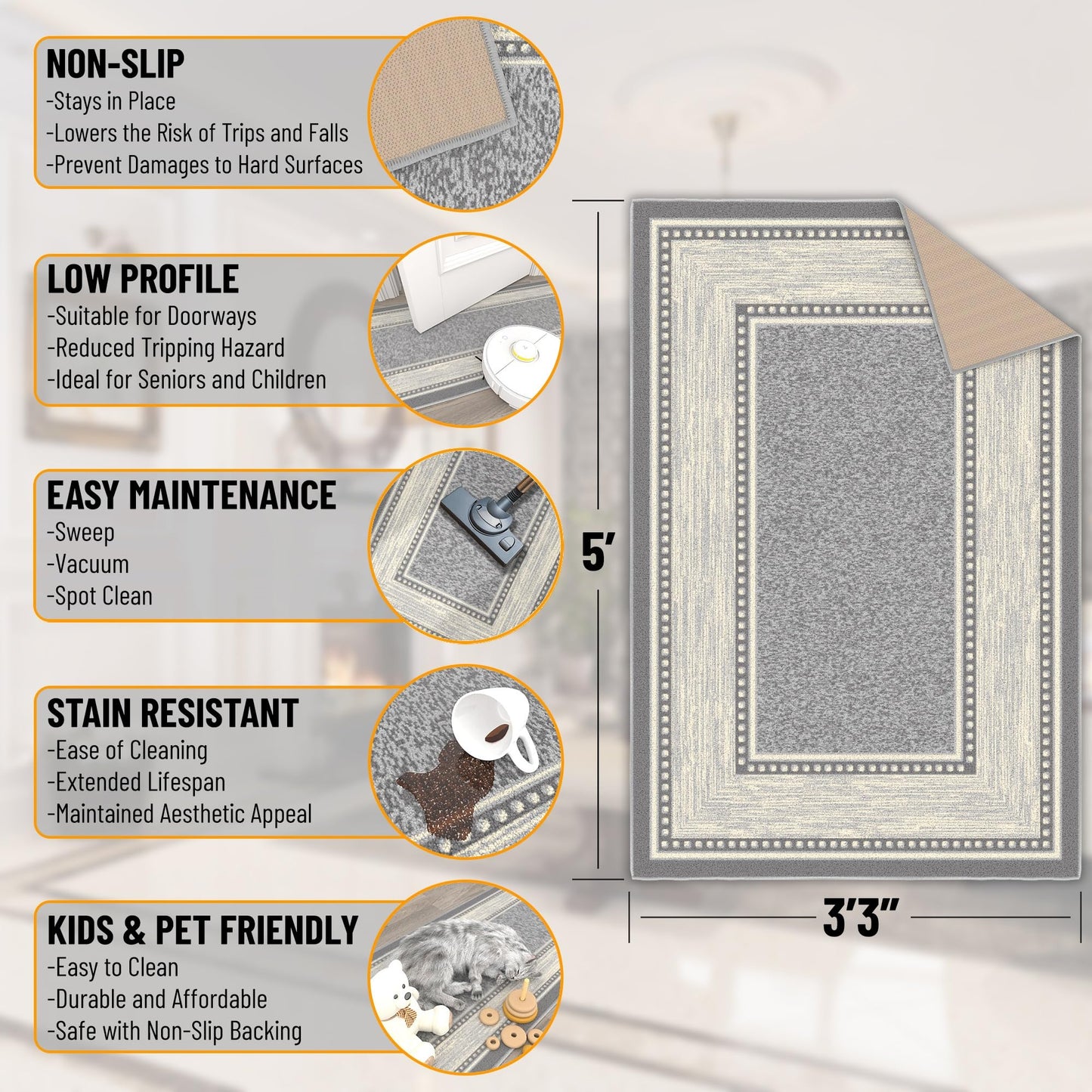Ottomanson Area Rug 3'3" x 4'7" – Non Slip Rubber Backed Indoor Rug, Low Pile Accent Rug for Living Room, Bedroom, Entryway, Kitchen, Durable Floor Carpet, Border Light Gray