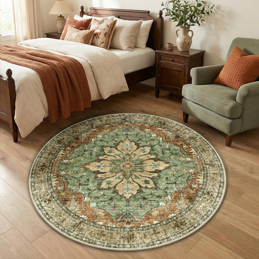 RELEANY Area Rugs Round 4ft Washable Non-Slip, Floral Vintage Distress Medallion Carpet for Living Room Bedroom Dining Room, Terracotta Burnt Orange Green