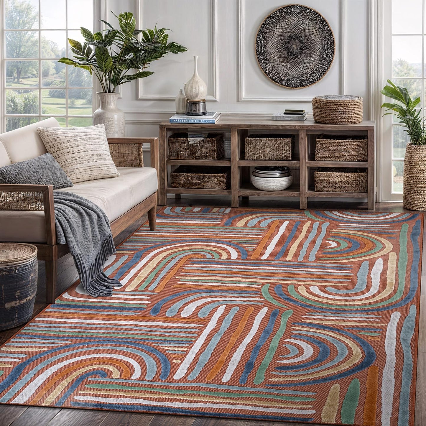 CAMILSON Indoor Outdoor Rug, Orange 5x7 Geometric Arch Striped Area Rugs for Patio and Home Areas, Easy-Cleaning Non-Shedding Living Room, Garden and Deck Washable Outside Carpet (5 x 7)