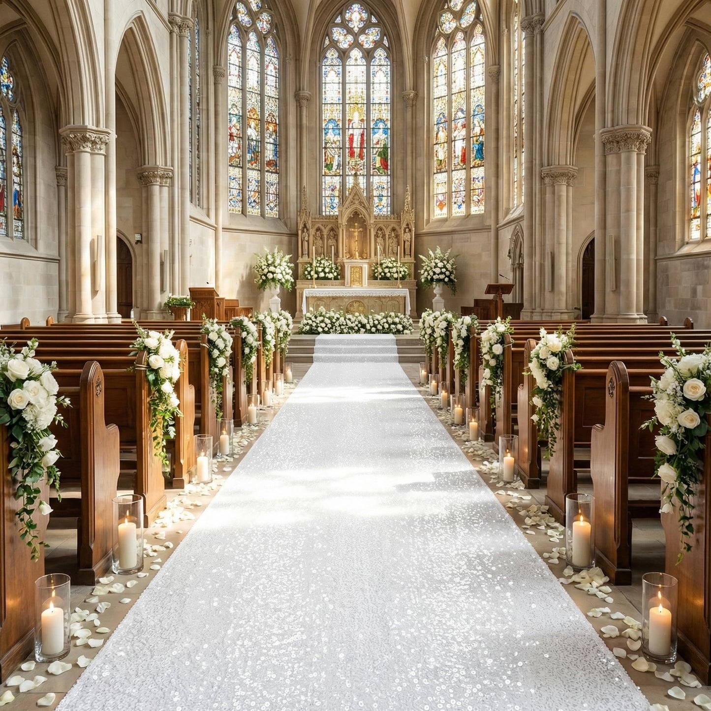 White Aisle Runner for Wedding Ceremony: 2FT×15FT Sequin Fabric - Sparkly Carpet Runner for Thanksgiving Day Bridal Shower Outdoor Grass Floor Indoor Rug Runner Hallway Decor