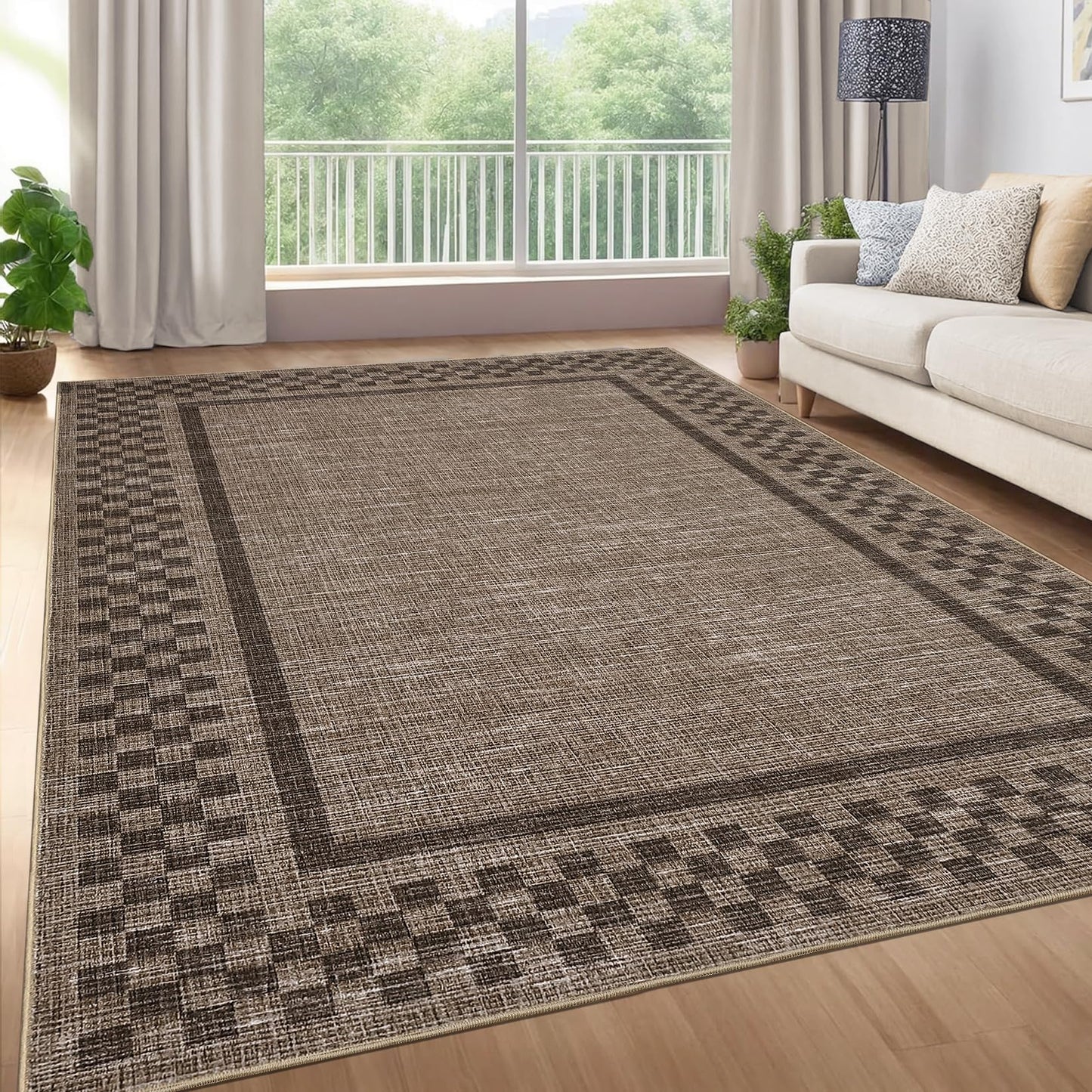 GarveeHome Machine Washable 5x7 Area Rugs Modern Bordered Living Room Rug Non Slip Checkered Geometric Bedroom Throw Carpet Soft Boho Rugs for Dining Room Nursery Home Office, Brown