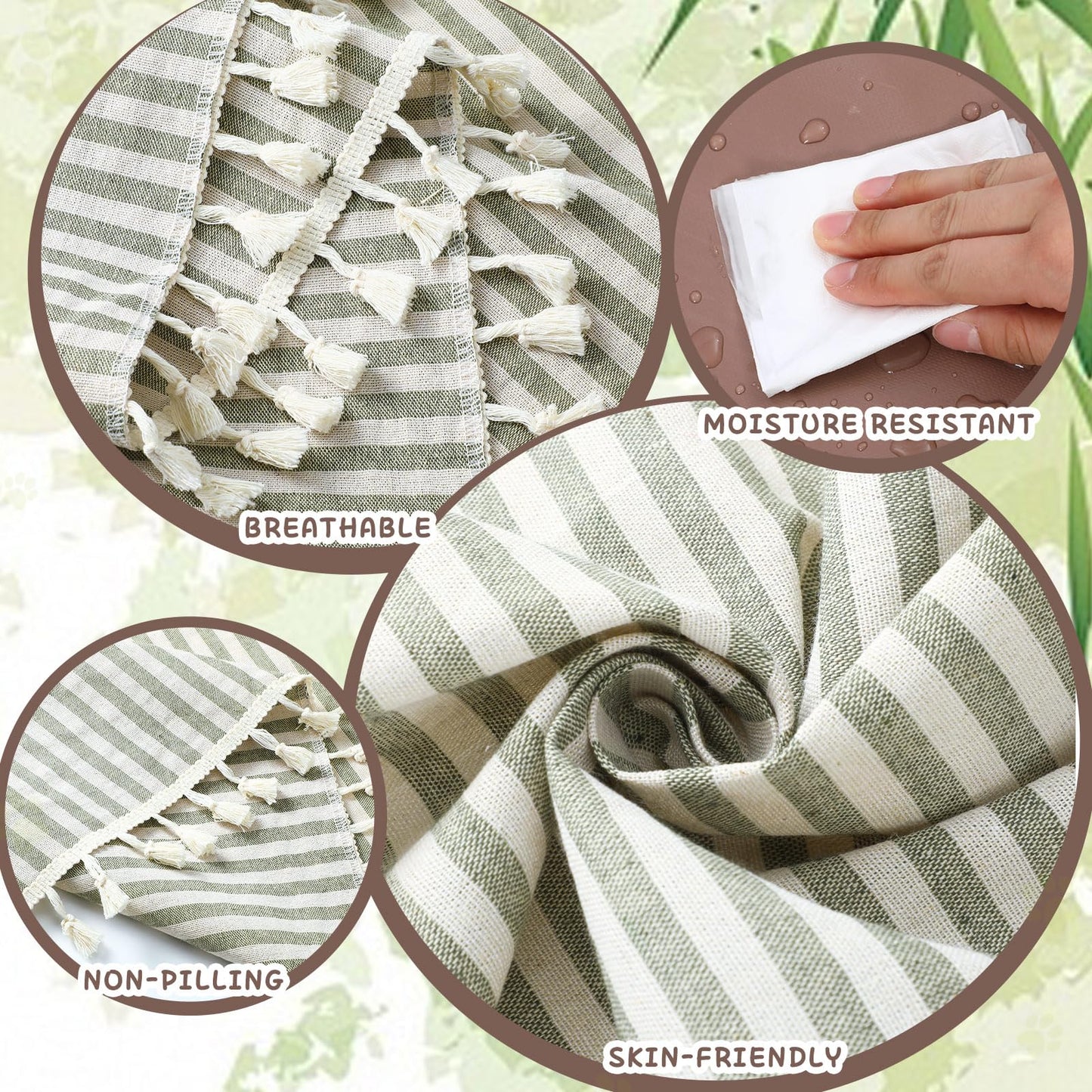 Breling 2 in 1 Double Layer Outdoor Picnic Blanket + Mat, Green Stripe Boho Large Waterproof Beach Mat Foldable Portable Camping Blankets with Carry Strap Tassel for Summer Park Grass 59'' x 79''