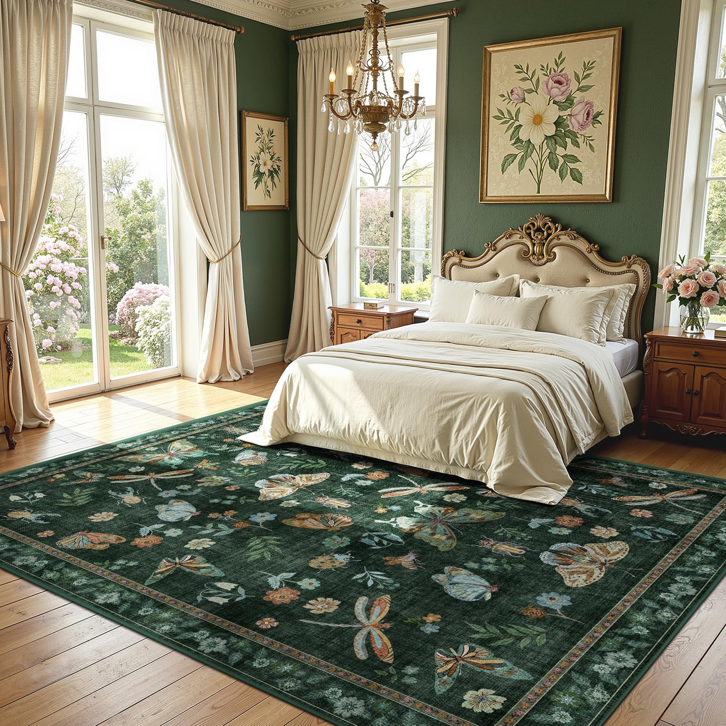 AIMPEAK Insect Washable Rugs 8x10 Dark Green, Soft Butterfly 8x10 Area Rugs for Living Room Indoor, Non Slip Bug Bedroom Rug Under Bed Thin Large Carpet with Flowers for Dining Room Office Playroom