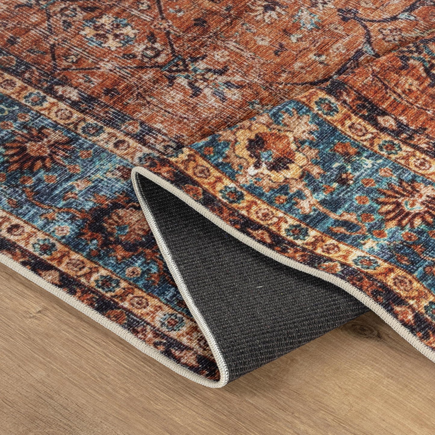 Bloom Rugs Washable Non-Slip 5' x 7' Rug - Orange/Teal Blue Traditional Bordered Area Rug for Living Room, Bedroom, Dining Room, and Kitchen - Exact Size: 5' x 7'