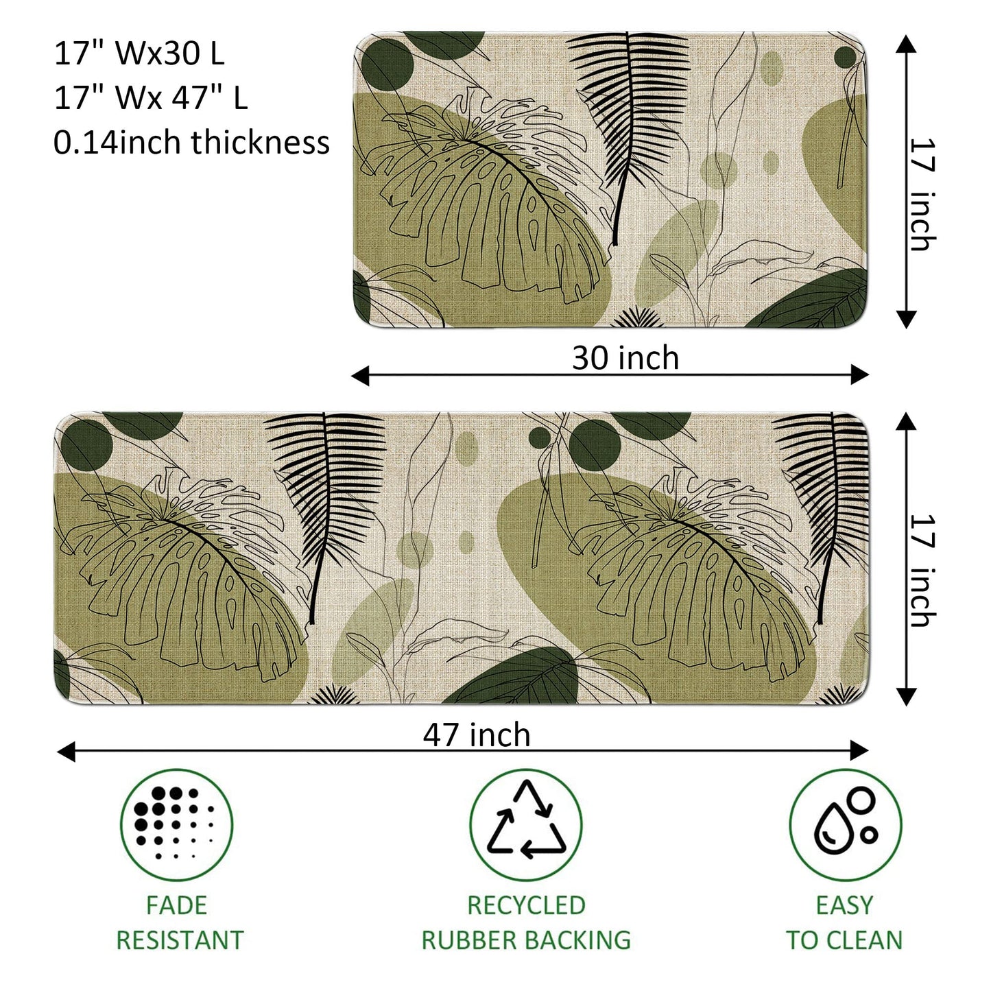 Kitchen Mats and Rugs Non Skid Washable 2 Pieces Natural Rubber Boho Kitchen Mats for Floor Runner Rugs Standing Mat Set (17" Wx30 L+17" Wx 47" L Palm Tree Leaves)