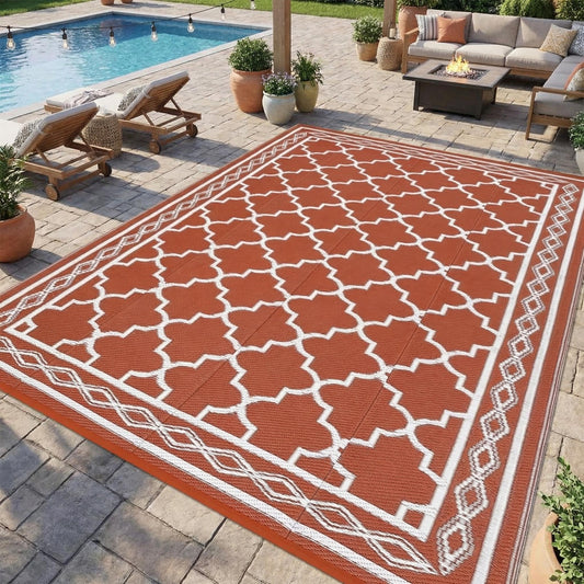 GarveeLife Outdoor Rug 8x10 RV Camping Outdoor Plastic Rug Waterproof Portable Reversible Patio Mat, Large Floor Carpet for Deck Beach Porch Portable Foldable Outside Rug for Deck,Camper, Orange/White
