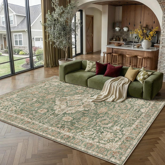 HUGEAR 6x9 Area Rug Green Machine Washable Rug Room Decor Vintage Distressed Living Room Carpet Non Slip Low Pile Throw Rugs for Bedroom Dining Room Office Soft Lightweight
