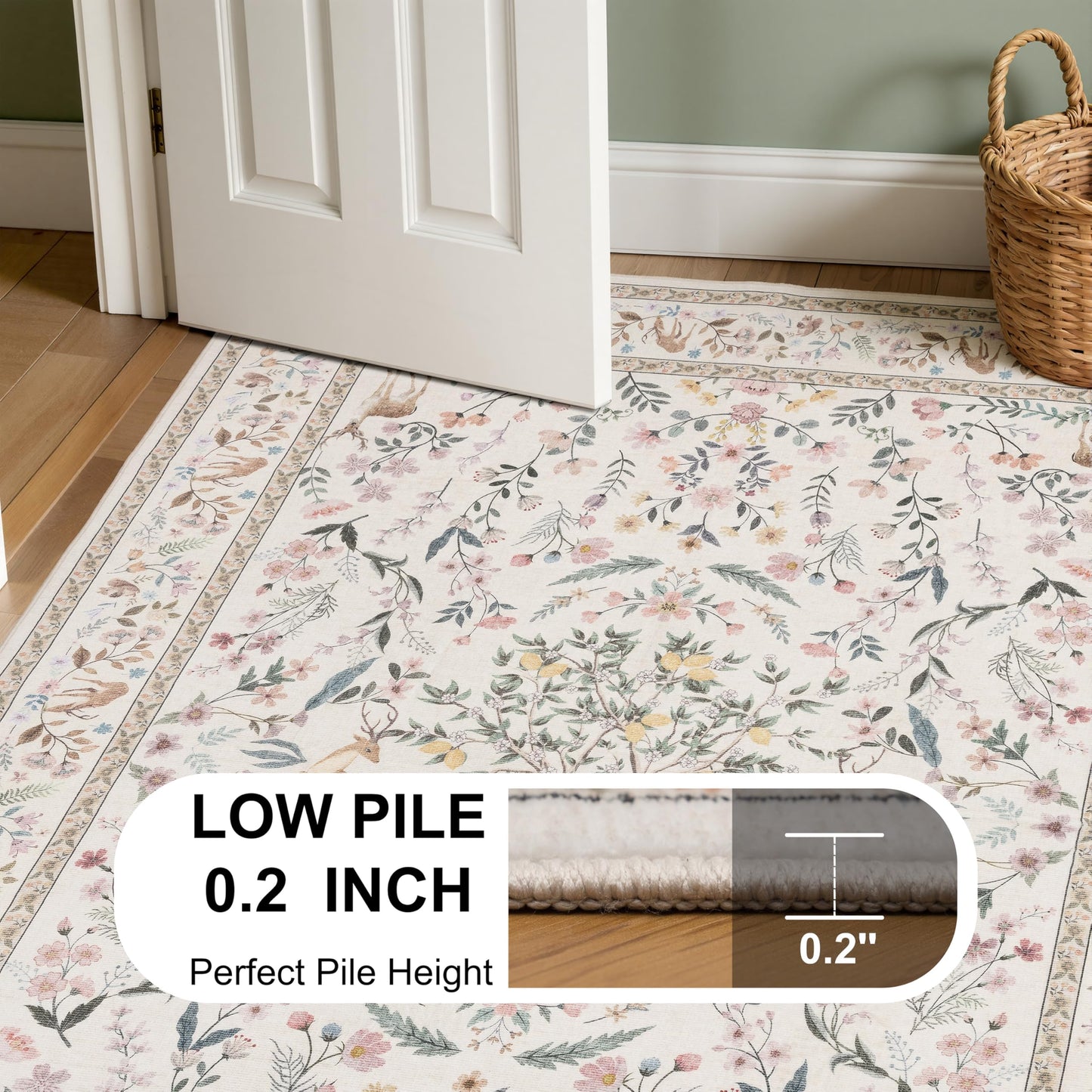 4x6 Area Rugs, Floral Washable Rugs with Non-Slip Backing, Low Pile Soft Carpet for Nursery, Living Room, Bedroom, Kids Room, Home Office, Farmhouse, Beige Green