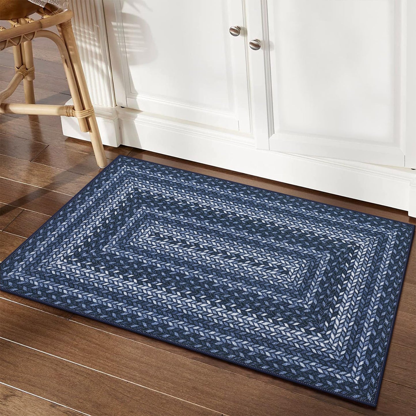 2x3 Small Area Rug Entryway Easy Jute Door Mat Stain Resistant Indoor Outdoor Mats Low Pile Washable Front Door Throw Carpet Modern Bordered Braided Print Rugs for Bedroom Living Room, Slateblue