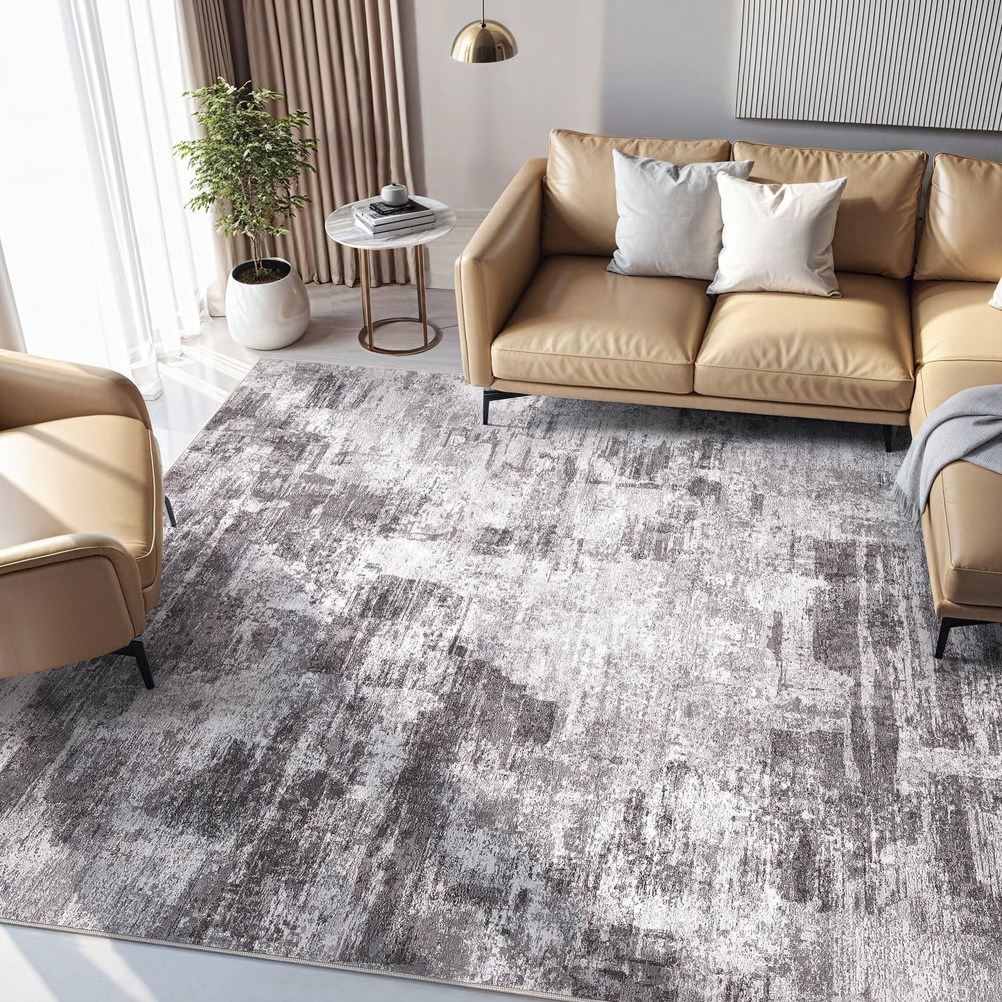 kakania 5x7 Washable Area Rug - Abstract Soft Non-Slip Modern Low-Pile Carpet for Living Room Bedroom Office Dorm, Kid Pet Safe Robot Vacuum Friendly - Grey