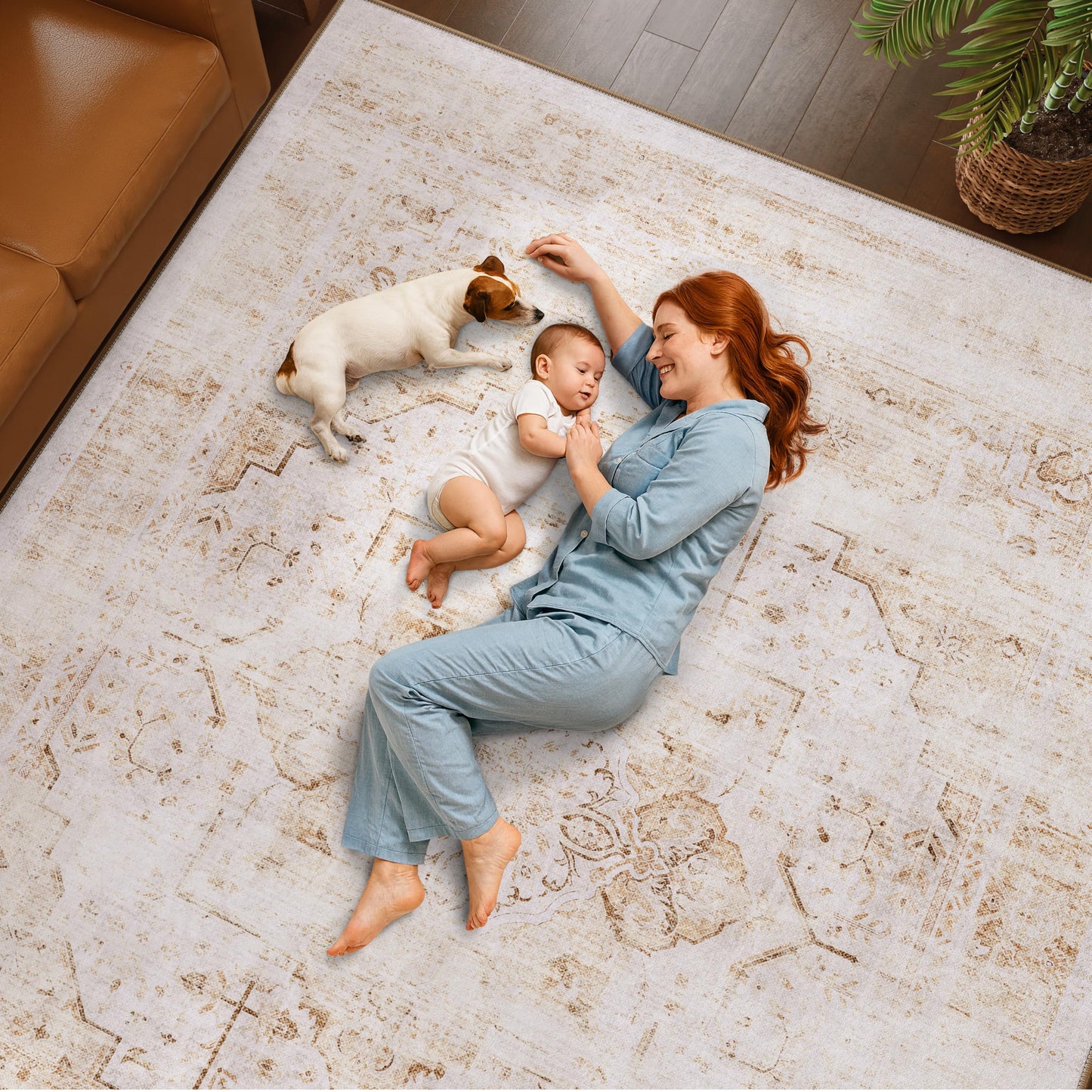 5x7 Washable Vintage Area Rug - Distressed Medallion Rugs Non-Slip Soft Stain Resistant Carpets for Living Room Bedroom Playroom Dining Room Office, Beige