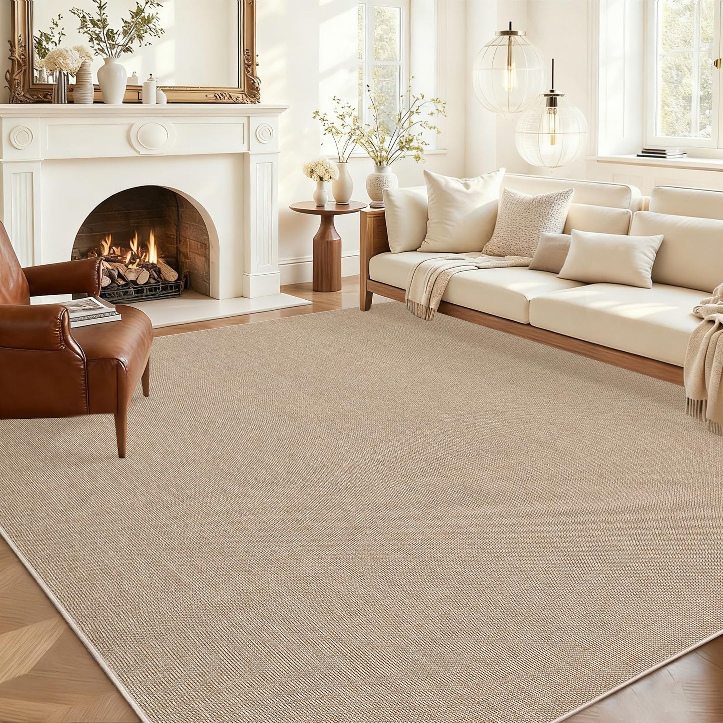 Garvee Modern Solid Washable Rug 8x10 Area Rug for Living Room Woven Textured Ultra-Thin Mat Non Slip Non-Shedding Indoor Floor Cover Foldable Farmhouse Carpet for Bedroom Office Dining Room Tan