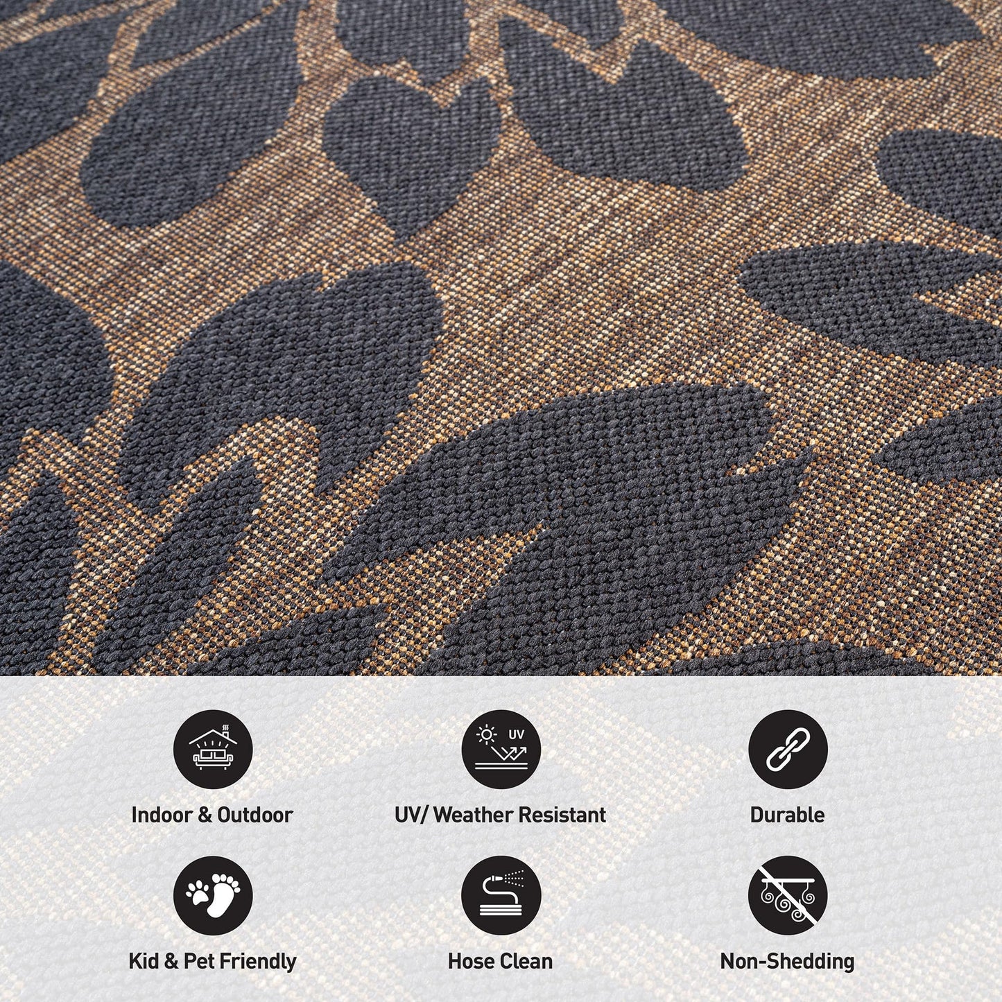 Rugshop Floral Indoor Outdoor Flat Woven Area Rug,Natural Jute-Style,Easy-Care Patio Rug for Backyard Porch Deck Balcony, 5' x 7' Dark Gray/Natural