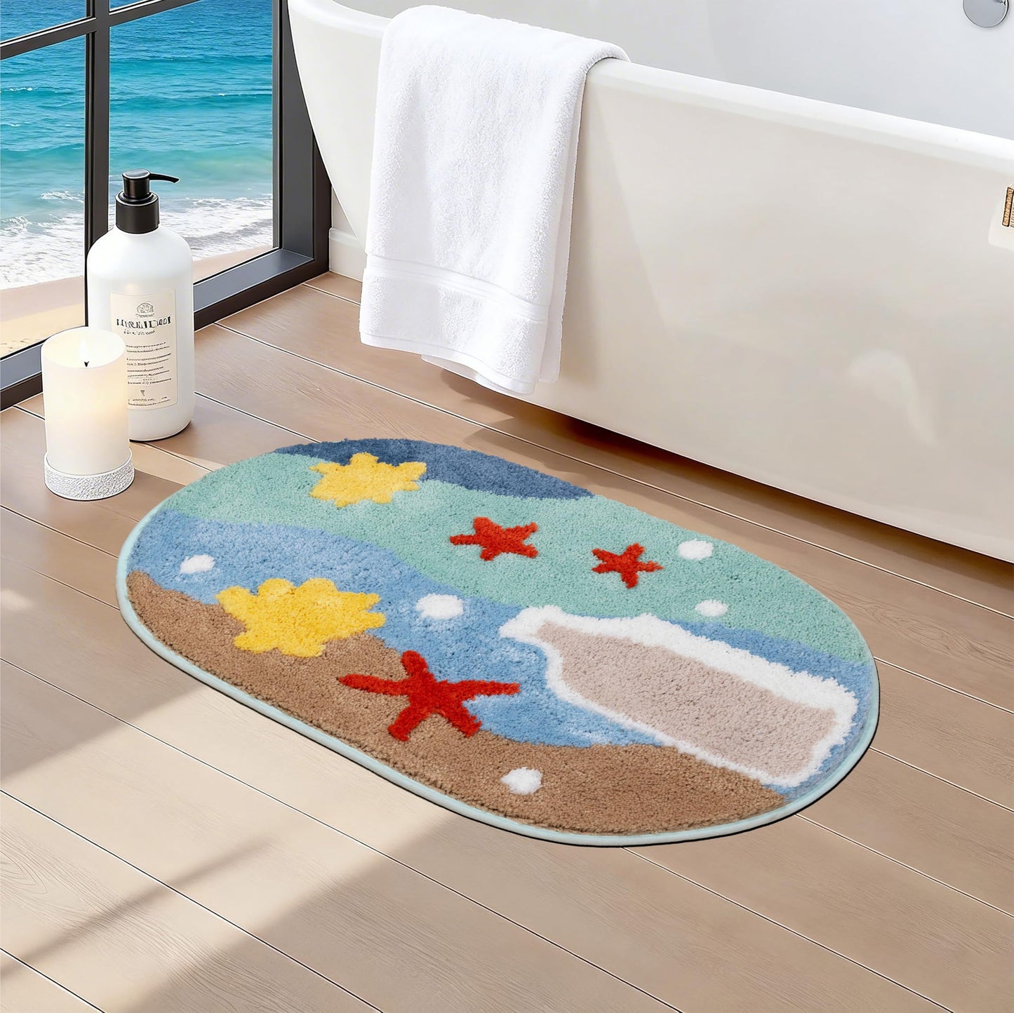 ORTIGIA Coastal Beach Bathroom Rugs Non Slip Washable, 20x32 Oval Soft Microfiber Sea Bath Mat, Quick Dry Absorbent Shower Rug for Bathroom Floor Tub Shower Sink