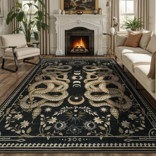 DCX Washable 5x7 Snake Rug, Black Gothic Rug for Living Room, Soft Low Pile Carpet, Kid & Pet Friendly with Rubber Back Non Slip, Stain Resistant Rug for Bedroom Dining Room Office