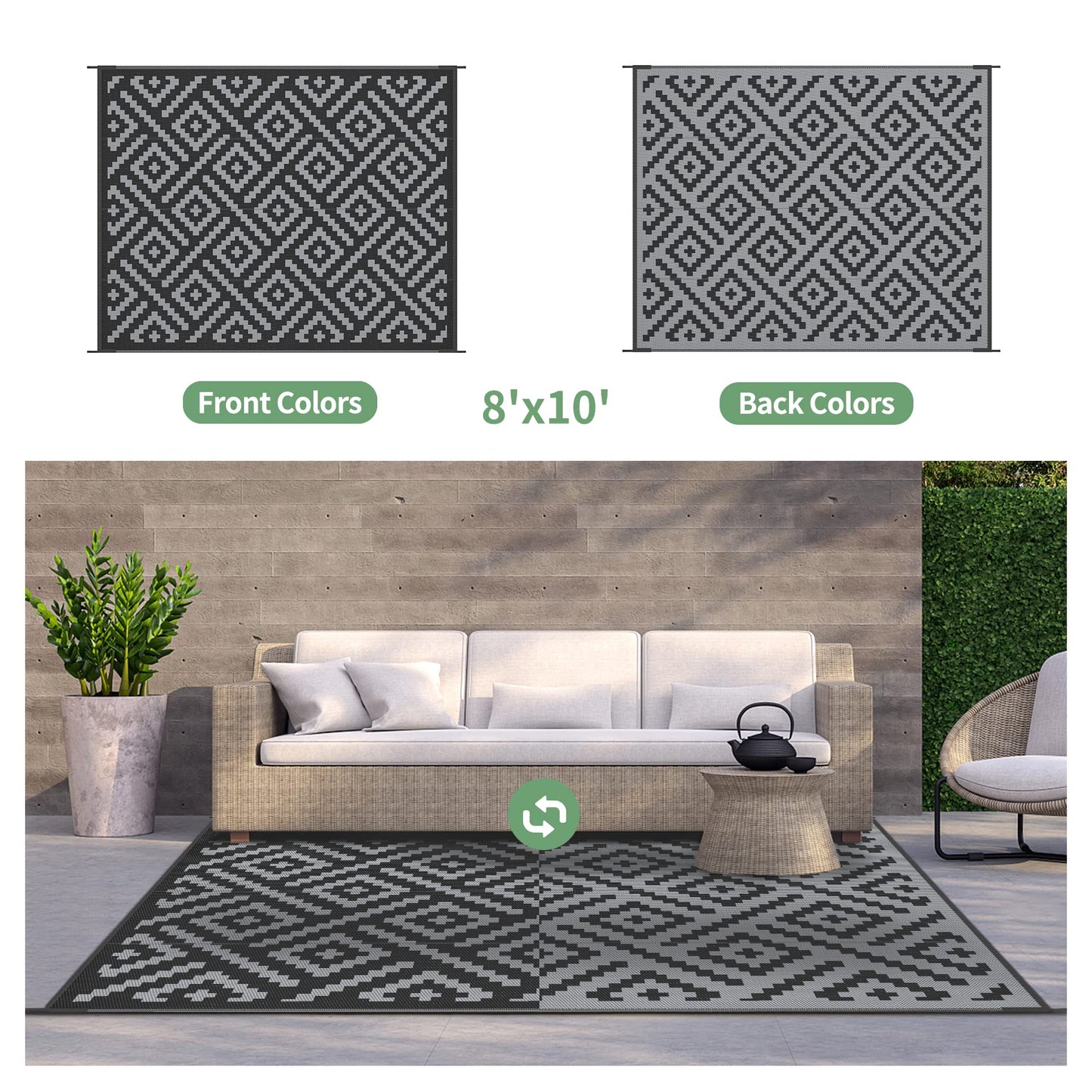 GENIMO Outdoor Rugs 8'x10' Waterproof, Reversible Mats, Area Plastic Straw Rug, Outside Carpet, Geometric Rv Mat for Patio Camping Rv Picnic Backyard Deck Balcony Porch Beach Trailer (Black & Grey)