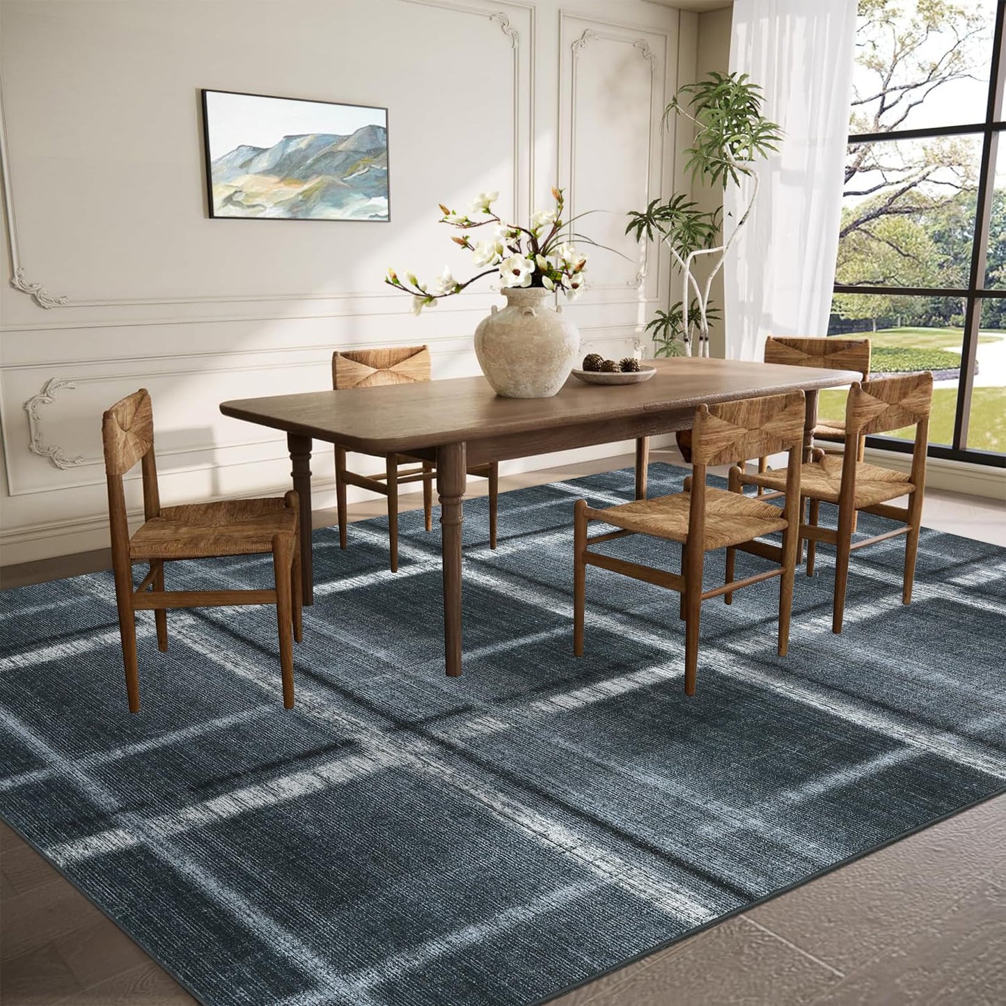 COZYLOOM Large Area Rug Washable 10x13 Modern Plaid Living Room Rug Soft Non Slip Low Pile Indoor Carpet Stain Resistant Farmhouse Tartan Accent Carpet for Bedroom Playroom, Black Grey