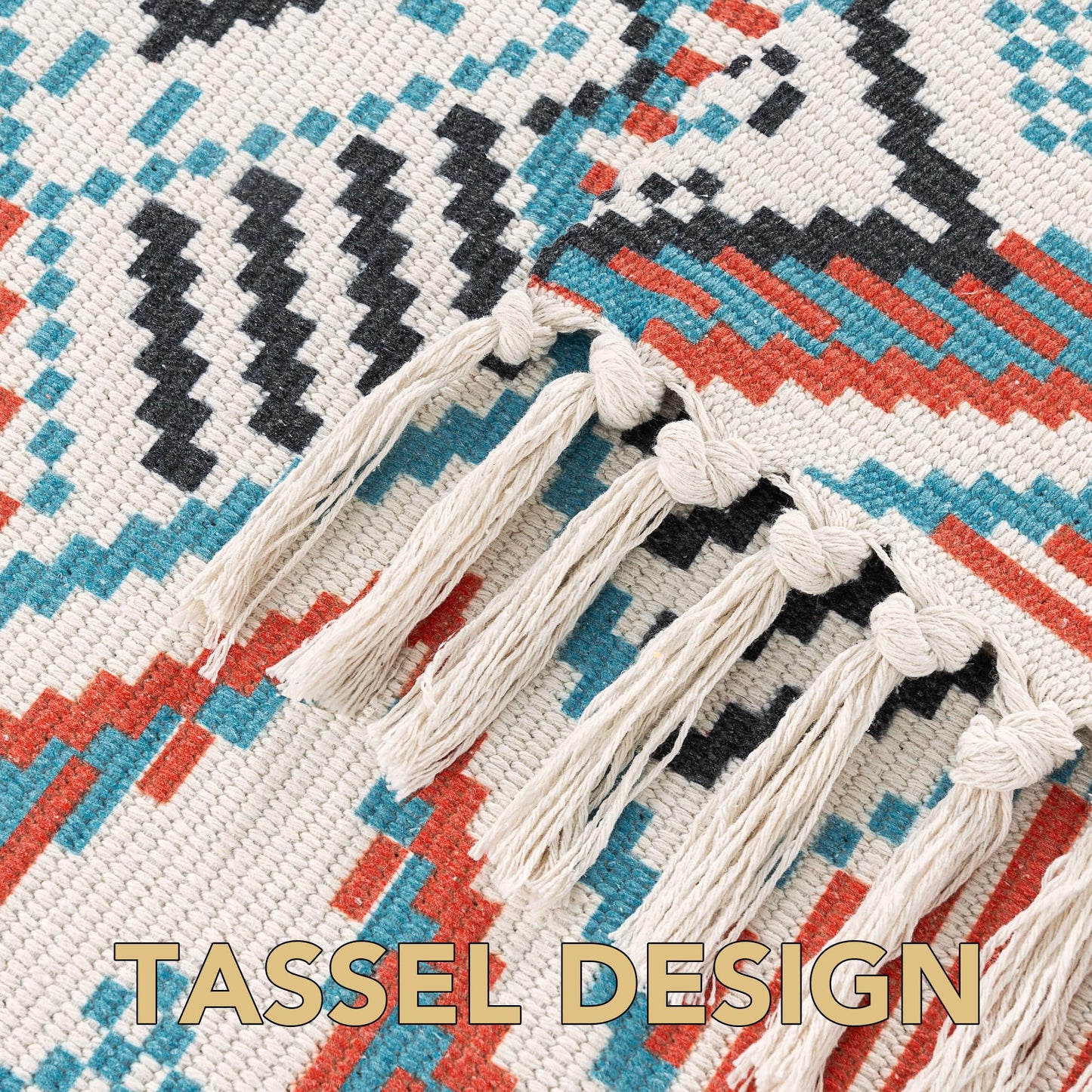 H.VERSAILTEX Handwoven 2x5 ft Boho Runner Rug with Tassels - Low Pile Easy Clean Washable Entryway Rug, Non-Slip Kitchen Runner for Hallway, Laundry Room, Corridor - Floor Mat(1 Pack,Orange/Blue)