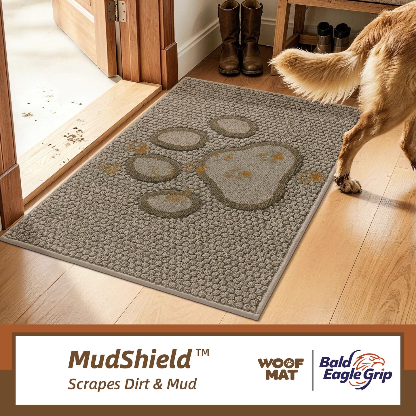 Bald Eagle Grip Dog Paw Doormats 20''x32'' for Dirty Paws, Washable Entryway Rugs Floor Mats Dirt Trapper with TPR Backing, Absorbent Low Profile Door Mat for Front Door, Hallway, Entryways, Beige