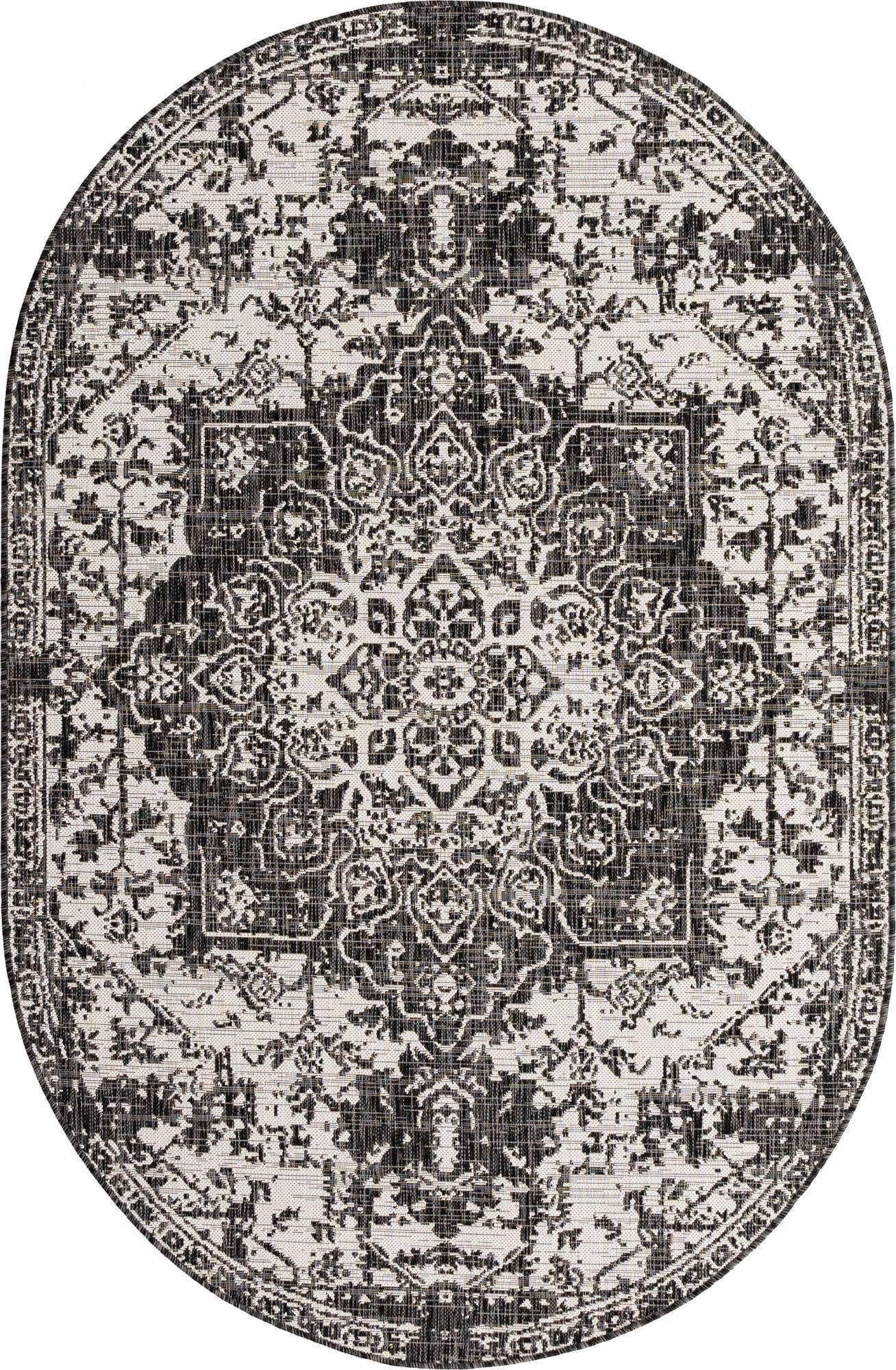 Unique Loom Outdoor Collection Area Rug - Dubai (5' 3" x 8' Oval, Charcoal Gray/ Ivory)