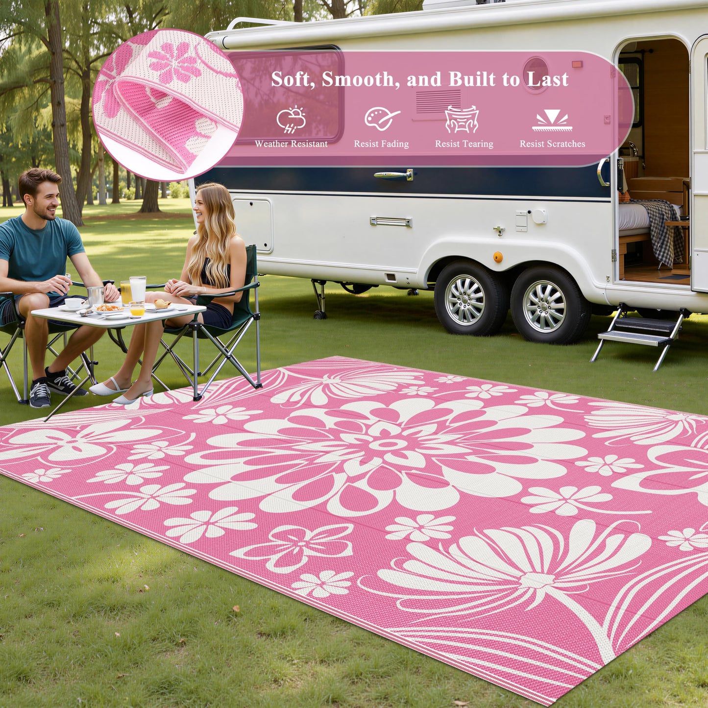 Ileading Outdoor Patio Rug, Pink Floral Reversible Outdoor Rug, Waterproof Plastic Straw Mat, Portable Outside Deck Area Rug, Camping RV Carpet for Porch Balcony (5×8 ft)