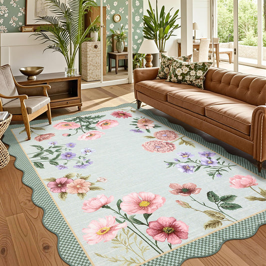 GarveeHome Floral Scalloped Living Room Rug, 5x7 Area Rugs Ultra-Thin Soft Washable Rug, Non-Slip Rugs for Bedroom Stain Resistant Boho Low-Pile Throw Carpet for Dining Room Nursery, Blue