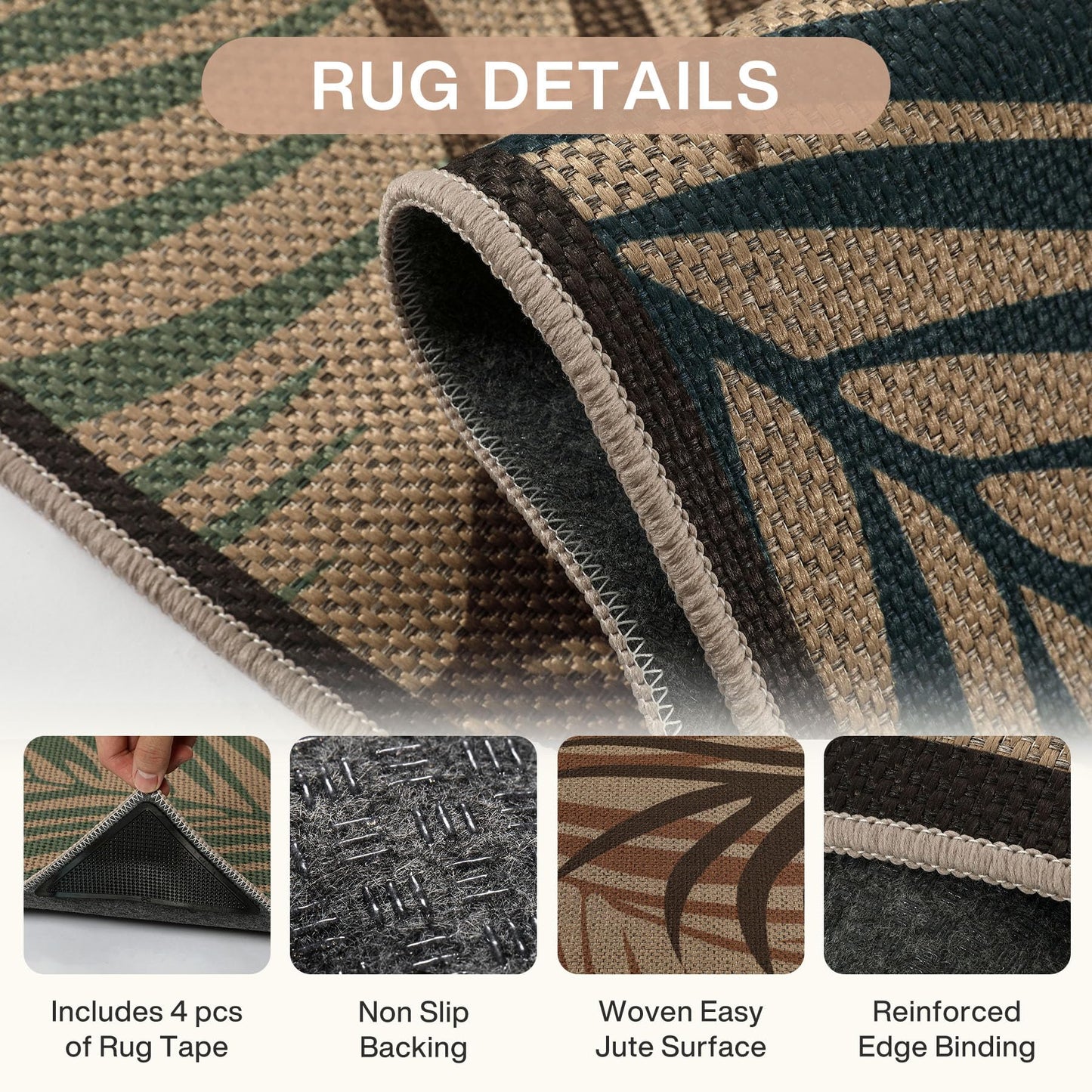 Tribesigns Easy Jute 5x7 Washable Indoor Outdoor Rugs, Coastal Blue/Tan/Green Patio Rug, Boho Leaf Beach Non Slip Living Room Area Rugs for Bedroom, Farmhouse Dining Room Carpet for Backyard Office