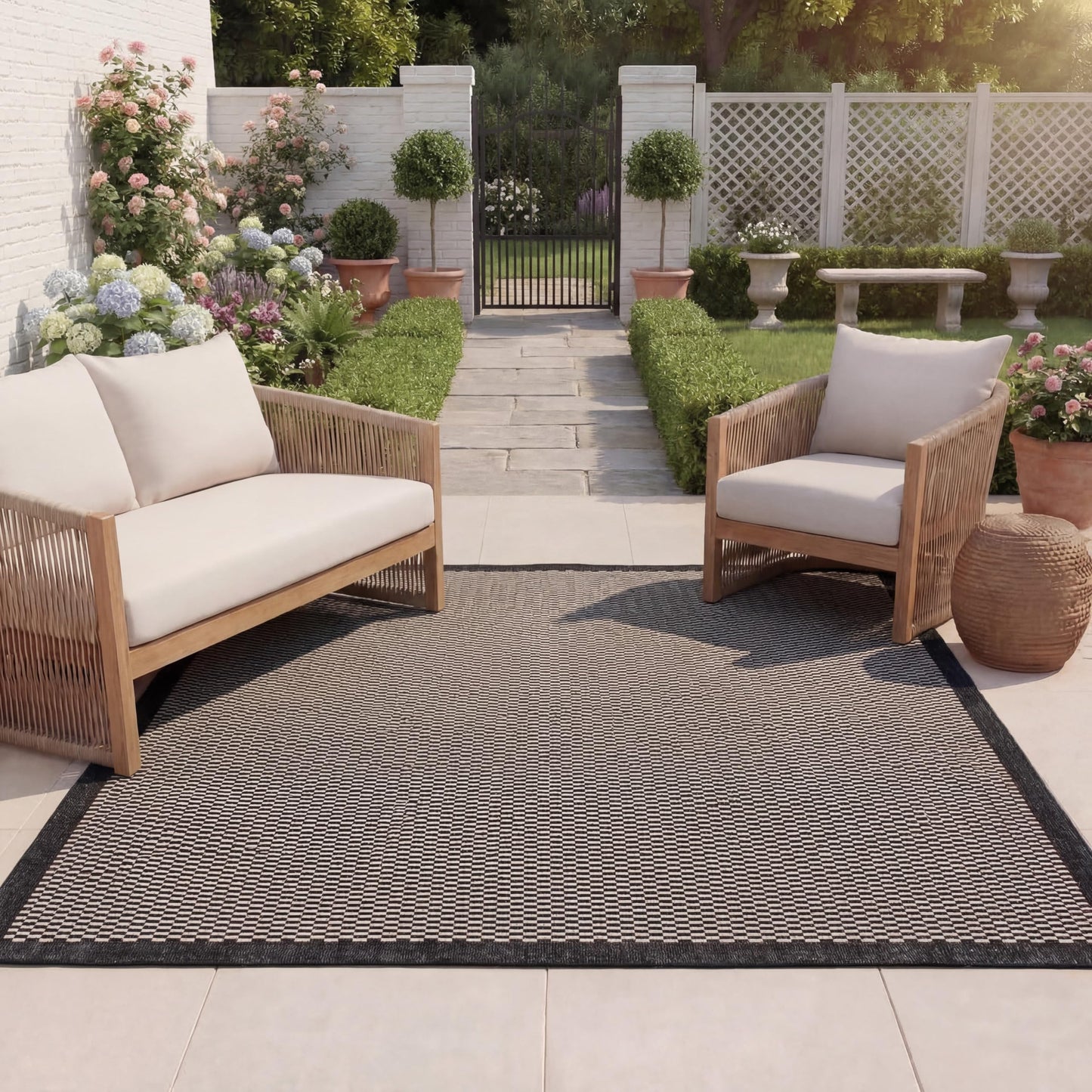 SAFAVIEH Outdoor Area Rug 8x10 - Beach House Collection - Large - Coastal Design, Black & Beige, Weather Resistant, Non-Shedding & Easy Cleaning, Ideal for Patio, Backyard, Dining Space (BHS404Z)