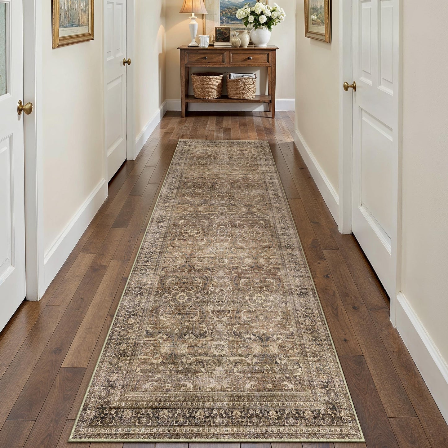 HUGEAR 2x8 Runner Rug Hallway Vintage Brown Machine Washable Retro Floral Low Pile Carpet Vacuumable Distressed Long Throw Rug Bedroom Office Bathroom Kitchen Laundry Non Slip Soft Lightweight