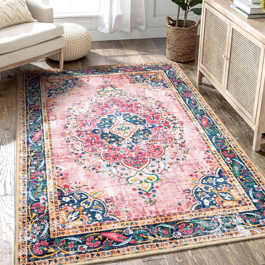 YesRug Boho Rug 3x5 Pink Small Area Rug Washable Vintage Rug for Kitchen Living Room Bedroom Bathroom Office Low Pile Non Slip Indoor Floor Carpet