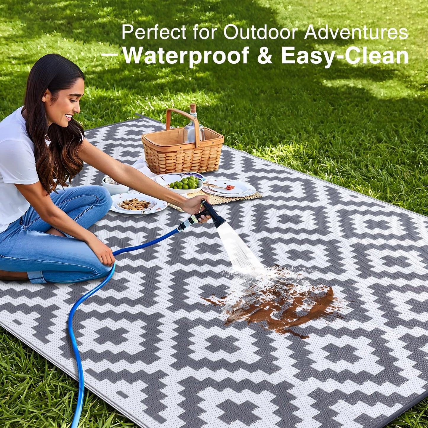 OLANLY Waterproof Outdoor Rug 6x9 ft, Outdoor Plastic Straw Rug for Camping, RV Mat Outside, Outdoor Carpet for Porch, Deck, Backyard, Balcony, Picnic, Grey & White