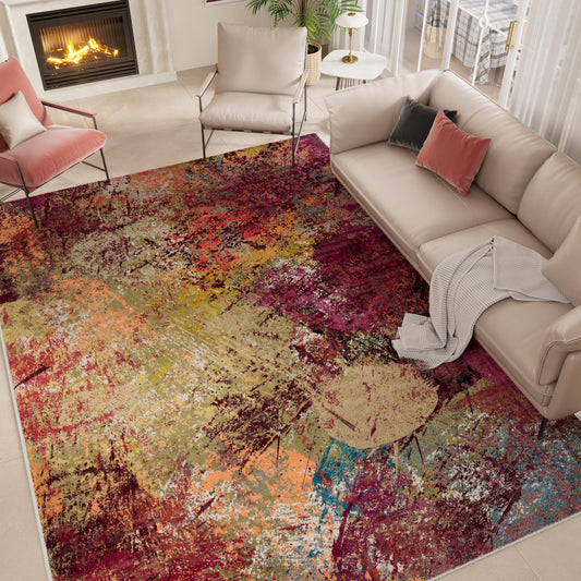 Arbosofe Modern Abstract Rug for Living Room, 5'x7' Washable Area Rug with Non-Slip Backing & Short Pile, Large Carpet with Abstract Pattern for Living Room Bedroom and Dining Floor Carpet Red Orange