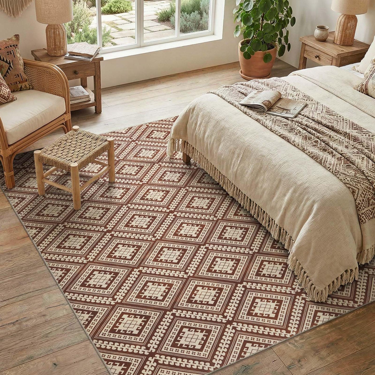 jinchan 5x7 Washable Faux Jute Area Rug, Geometric Diamond Natural Fiber Look Carpet, Vintage Tile-Inspired Low-Pile Non-Slip Large Outdoor Rug for Living Room Dining Room Bedroom, Terracotta Brown