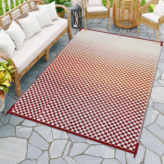 Wonnitar Waterproof Outdoor Rug 6x9 - Orange Red Gradient Checkered Camping RV Rug, Outside Patio Plastic Straw Mat for Balcony, Lightweight Reversible Portable Deck Carpet