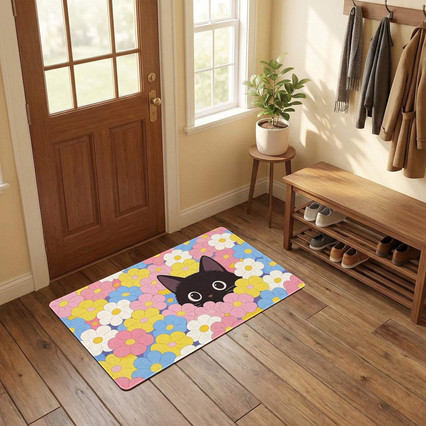 Spring Summer Doormat Black Cat Flowers Welcome Front Door Mat 30"X17"Cat Rug Non Slip Durable Indoor Outdoor for Entryway Hallway Bedroom Housewarming Gift