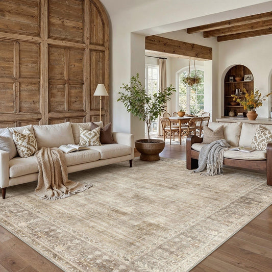 HUGEAR Beige 8x10 Washable Area Rugs for Living Room Bedroom Large Neutral Vintage Rug Soft Durable Carpet Distressed Non Slip & Shedding Stain Resistant Low Pile for Home Decor