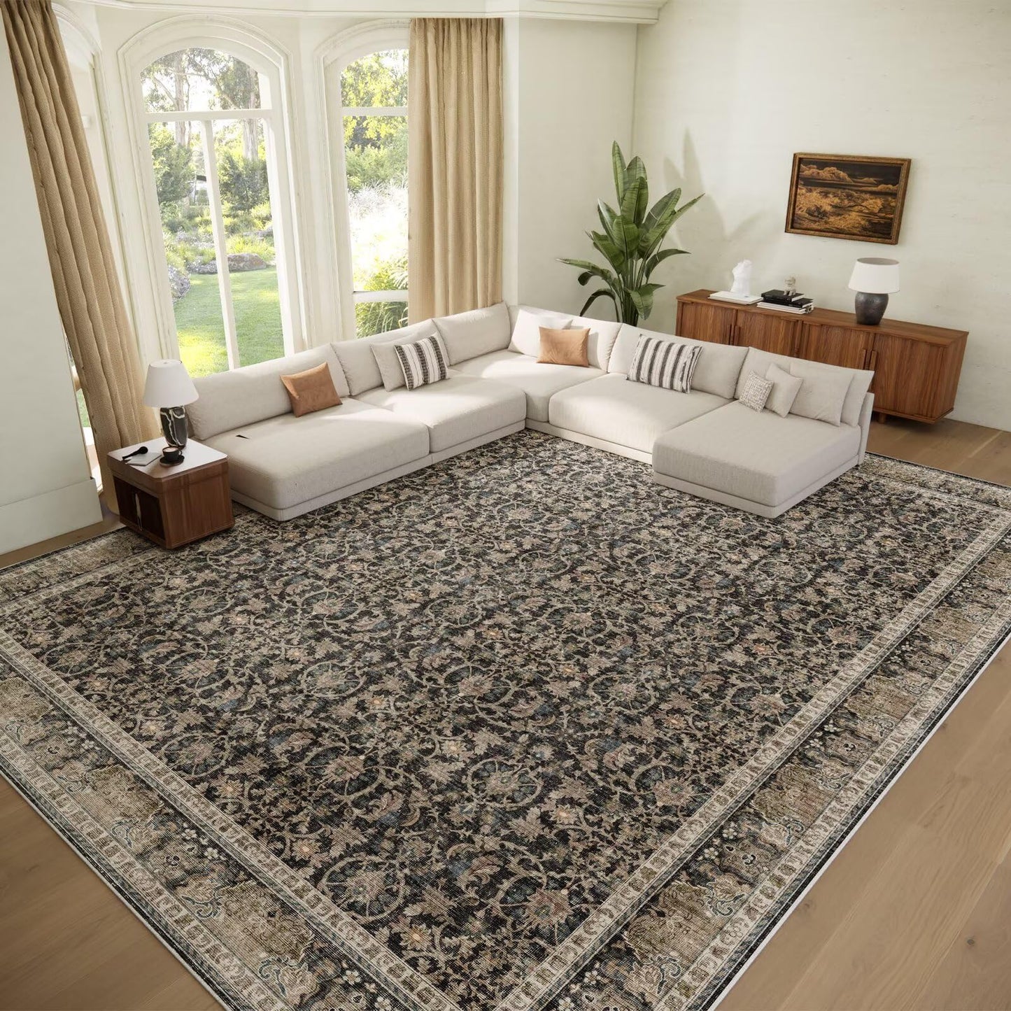 Boho Washable 10x14 Area Rugs for Living Room, Cushioned, Black/Navy Blue
