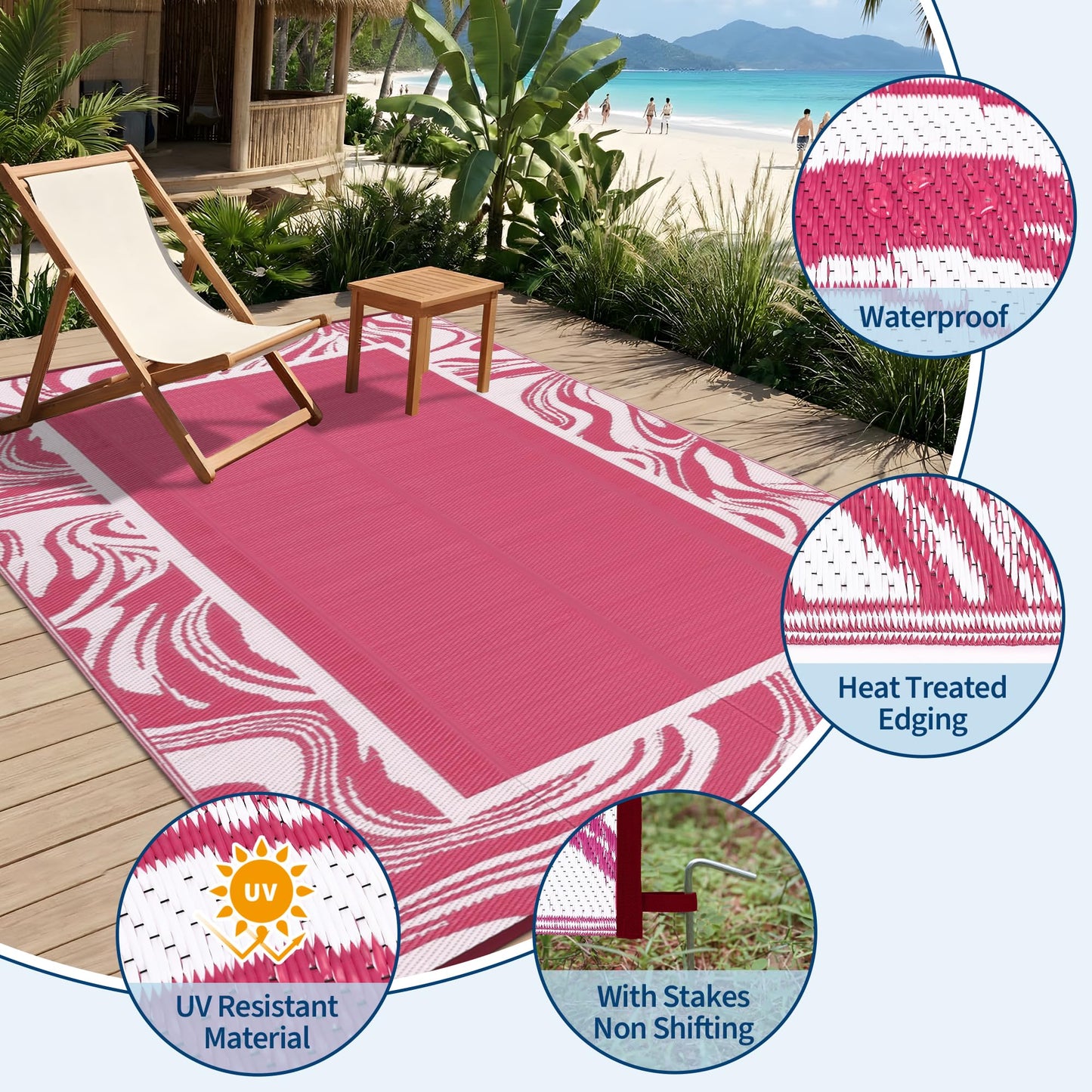 Garvee 5x8 Pink Waterproof Outdoor Rug Reversible Quick Dry Weather Resistant Plastic Straw Patio Rug for Deck,Porch,RV,Camping,Balcony,Beach, Foldable Outdoor Carpet Easy to Clean, Pink White