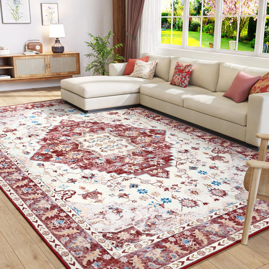Amearea Vintage Design Area Rugs for Living Room, 4x6 Machine Washable Floral Collection Traditional Bedroom Rug, Low Pile Cute Kids Room Print Carpet, No Slip Office Kitchen Home Decor, Red