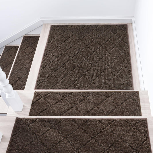 COSY HOMEER Edging Stair Treads Non-Slip Corner Indoor Stair Runners for Wooden Steps,Landing Slip Resistant Stair Rugs Mat for Kids and Dogs,100% Polyester TPE Backing,Brown,30x30 inch
