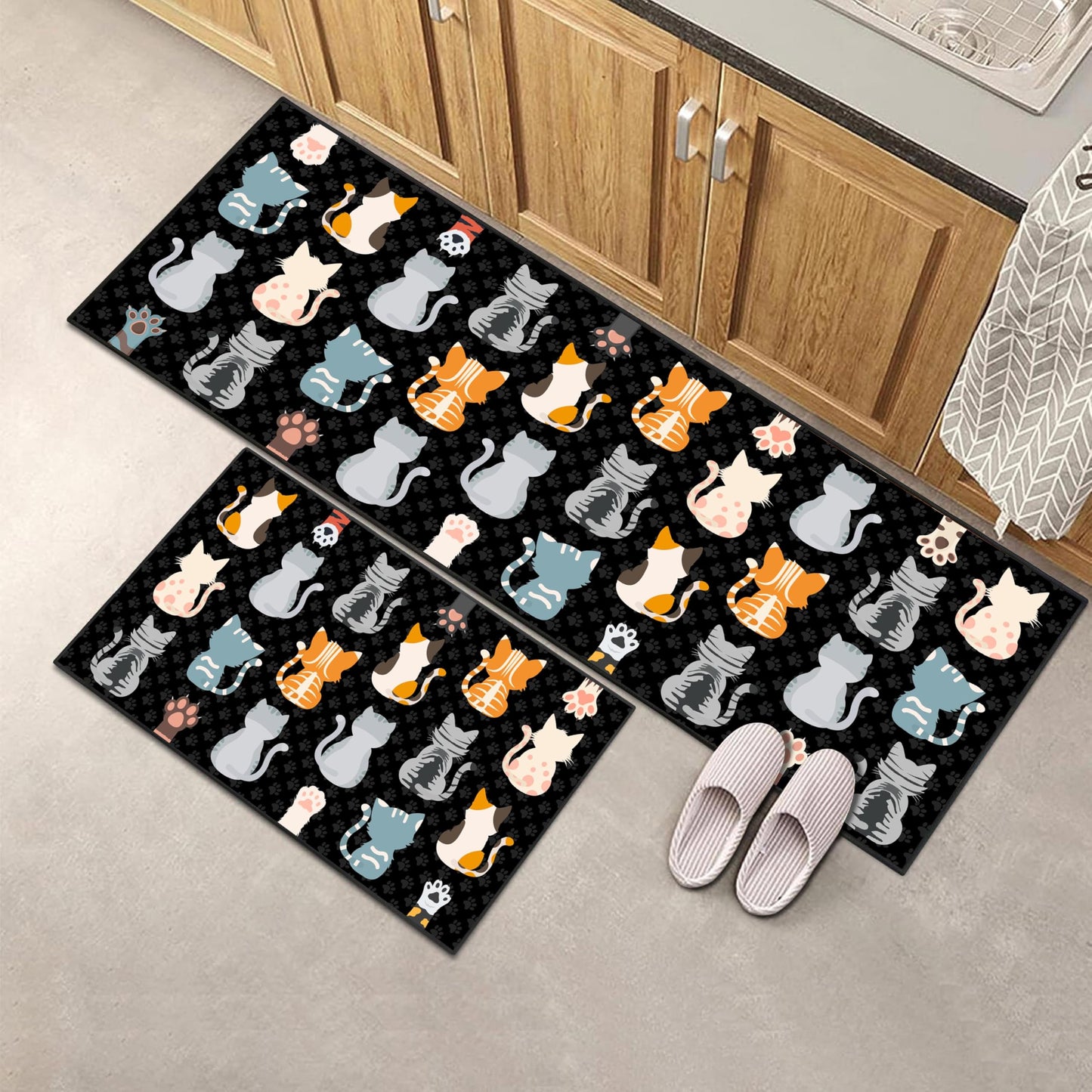 JWXCBIM Cat Kitchen Rug 2 Piece Set, Country Farmhouse Style Decor Kitchen Floor Mat, Non-Slip Absorbent and Washable Runner Rug, Funny Cat Black Kitchen Decorations 17x30+17x47 Inches