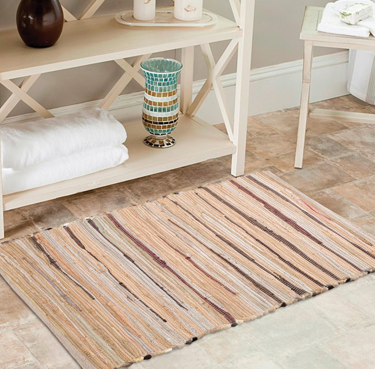Cotton Hand Woven Chindi Rug 2x3 Feet - Beige, Decorative Soft Throw Indoor Floor Rag Rugs Ideal for Entryway, Kitchen, Kids Room | Durable Lightweight Neutral Home Space Dhurrie for Costal Décor